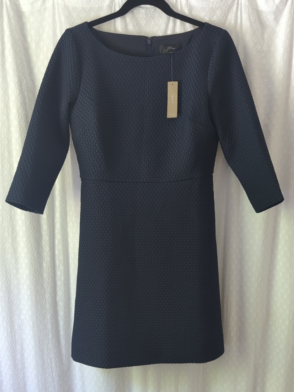 J.Crew Navy Matelassè Boat Neck 3/4 Sleeve Shift Dress, Women's 6P, NWT